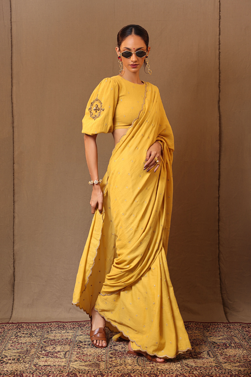 Mustard Zari Club EMB Saree Blouse Set (2 PCS) 100% cotton by Mati in mustard color for women in Singapore