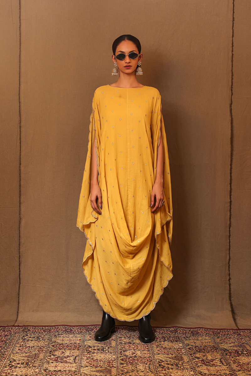 Mustard Zari Spade EMB Cowl Dress 100% cotton by Mati in mustard color for women in Singapore