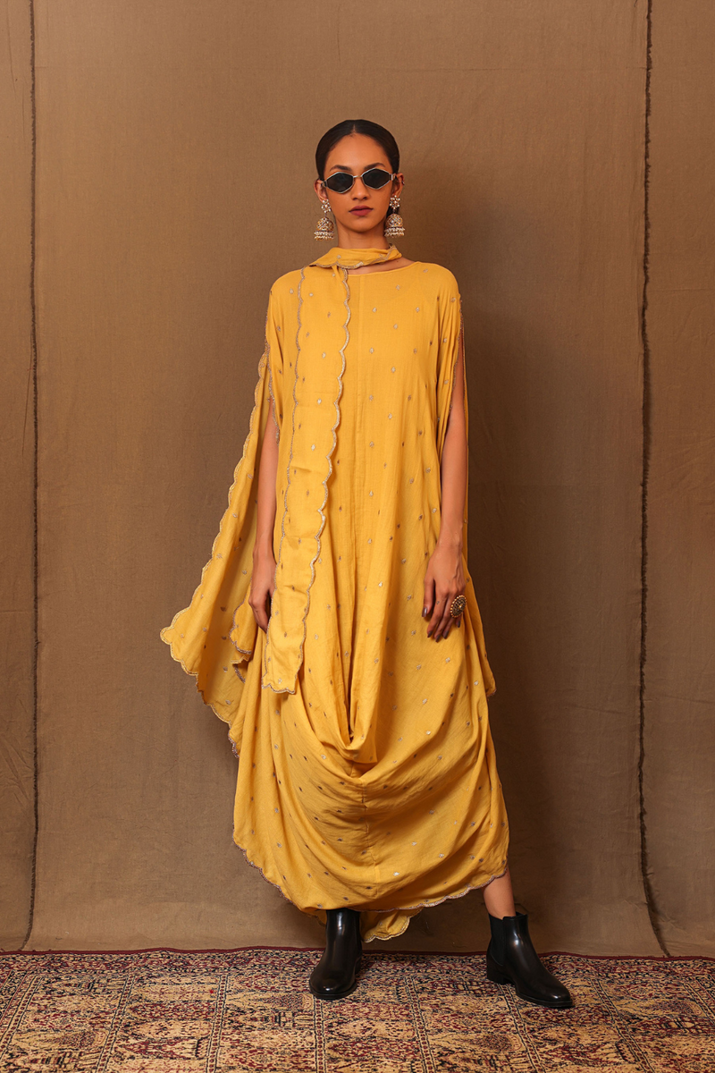 Mustard Zari Spade EMB Cowl Dress & Stole (3 PCS) 100% cotton by Mati in mustard color for women in Singapore