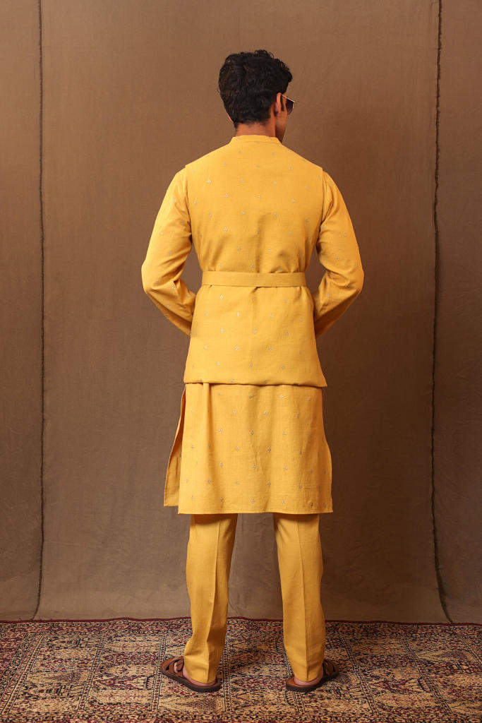 Mustard EMB Clubs Bandi Jacket cotton by Mati Men in mustard color for men in Singapore