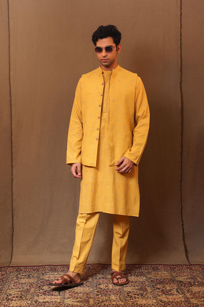 Mustard EMB Clubs Bandi Jacket cotton by Mati Men in mustard color for men in Singapore