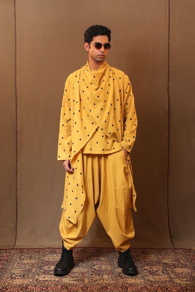 Mustard Spade EMB Men's Short Kurta cotton by Mati Men in mustard color for men in Singapore