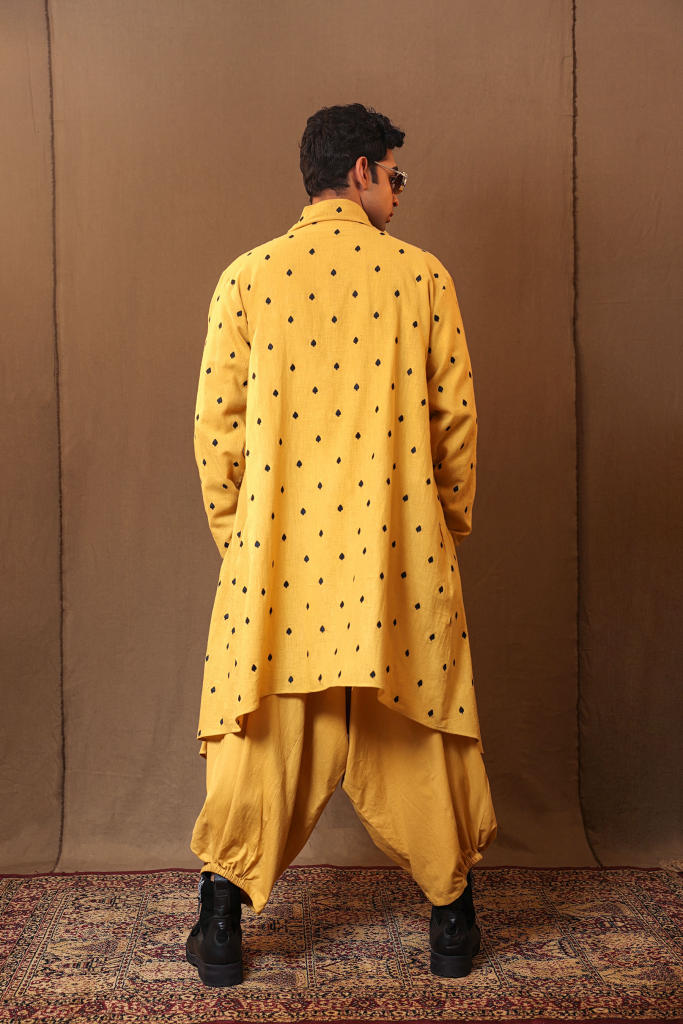 Mustard EMB Spade Jacket Pant Set (3 PCS) cotton by Mati Men in mustard color for men in Singapore