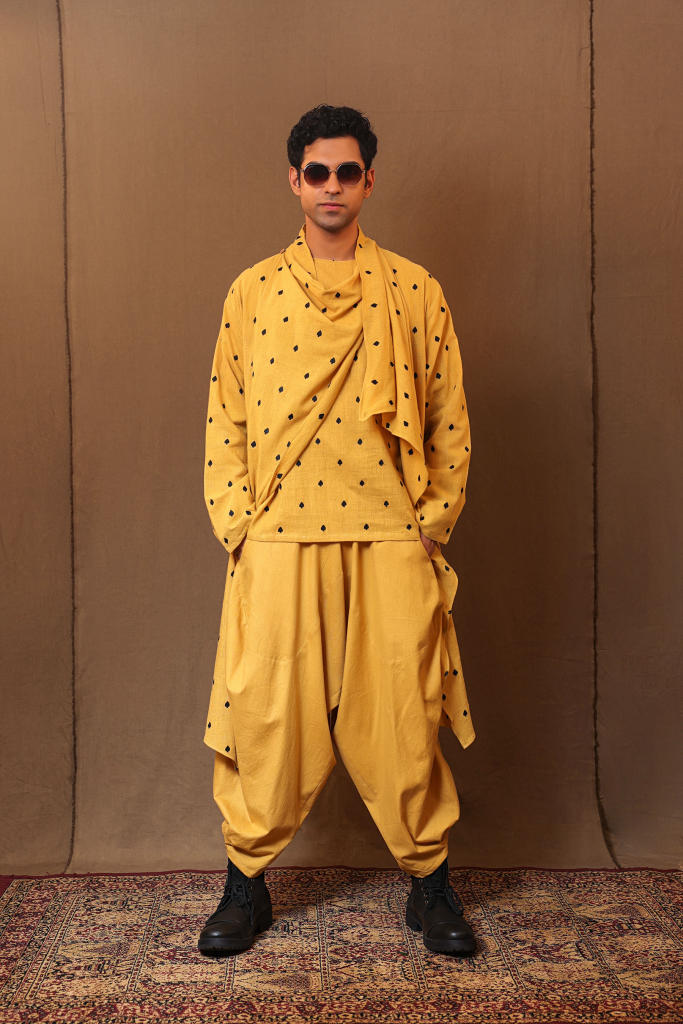 Mustard Spade EMB Men's Short Kurta cotton by Mati Men in mustard color for men in Singapore