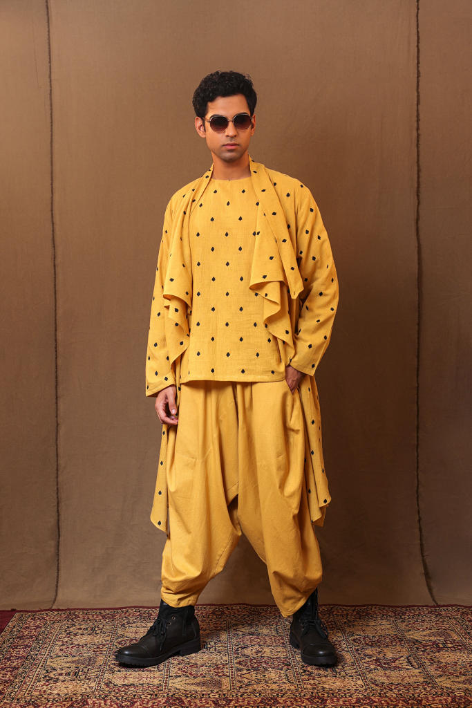 Mustard Spade EMB Men's Short Kurta cotton by Mati Men in mustard color for men in Singapore