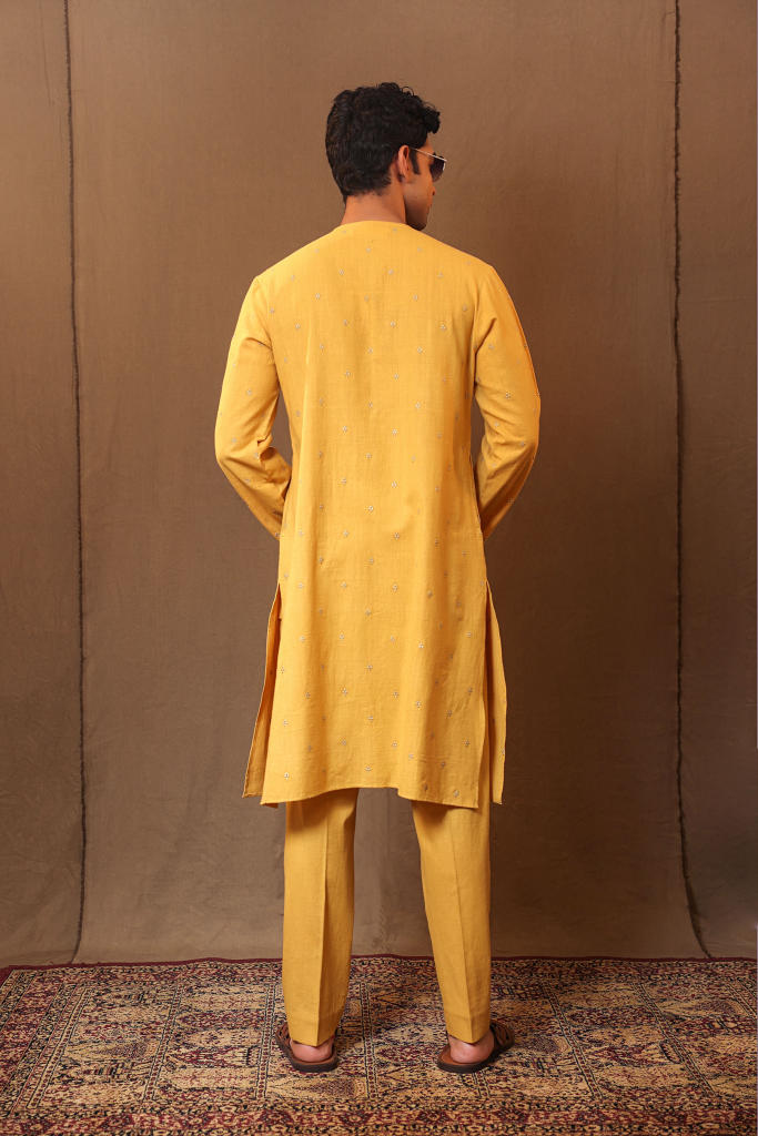 Mustard EMB Zari Clubs SB Cotton Kurta cotton by Mati Men in mustard color for men in Singapore