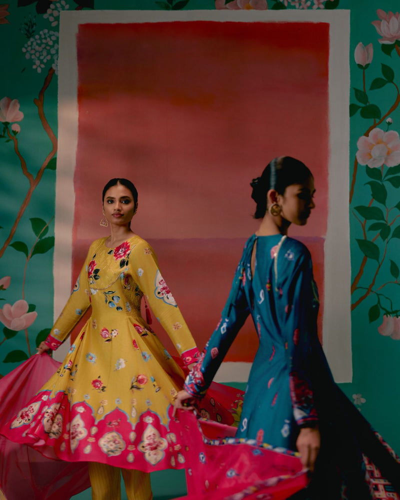 Mustard & Pink Floral Anarkali Set Buy Mustard & Pink Floral Anarkali Set from C&W | Kurta/Kurta Sets for Women by Label Mogra in pink color for women in Singapore