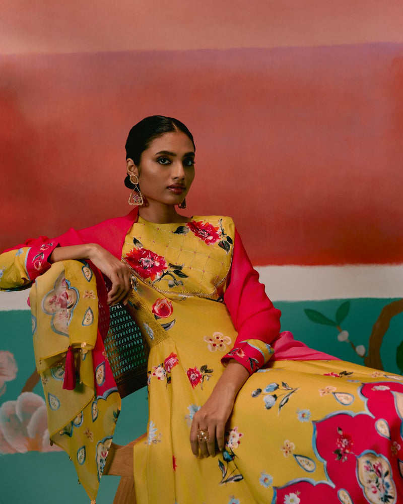 Mustard & Pink Floral Anarkali Set Buy Mustard & Pink Floral Anarkali Set from C&W | Kurta/Kurta Sets for Women by Label Mogra in pink color for women in Singapore