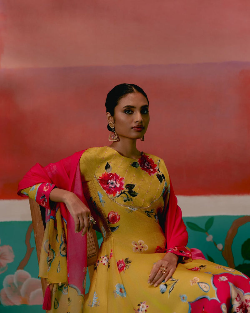 Mustard & Pink Floral Anarkali Set Buy Mustard & Pink Floral Anarkali Set from C&W | Kurta/Kurta Sets for Women by Label Mogra in pink color for women in Singapore