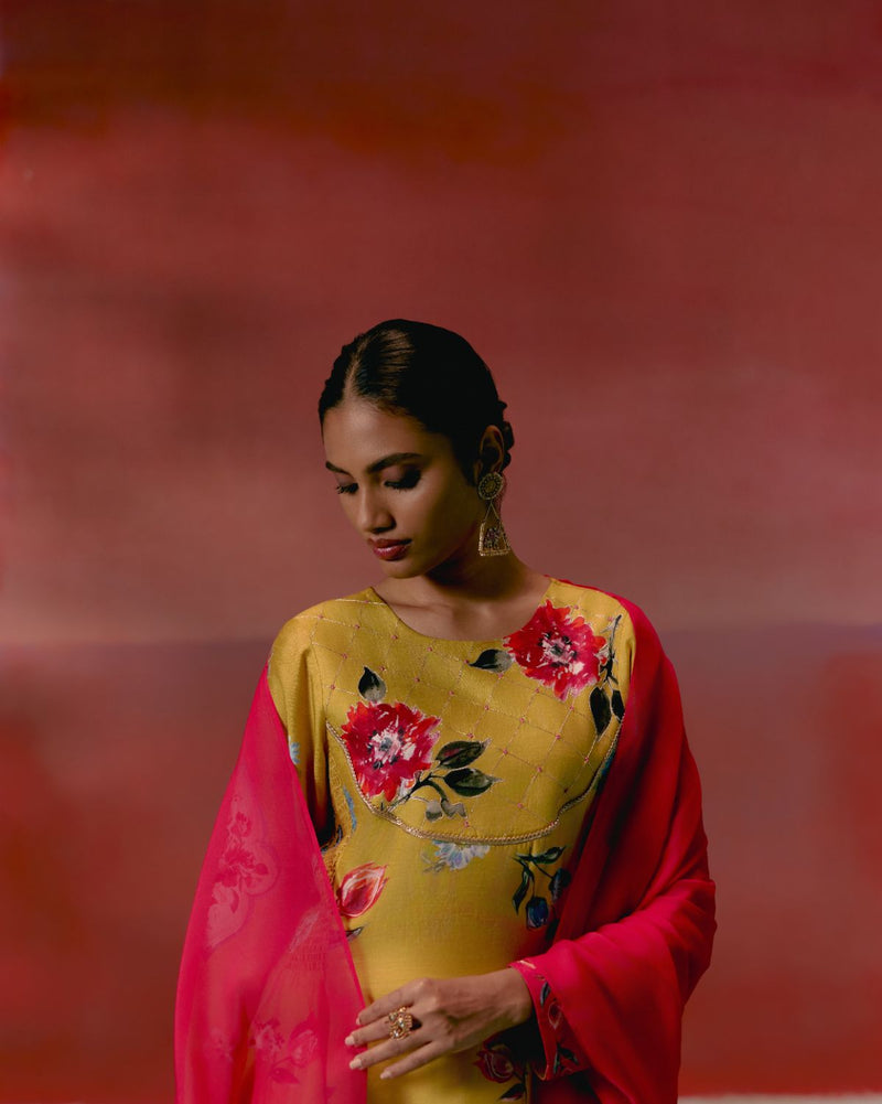 Mustard & Pink Floral Anarkali Set Buy Mustard & Pink Floral Anarkali Set from C&W | Kurta/Kurta Sets for Women by Label Mogra in pink color for women in Singapore