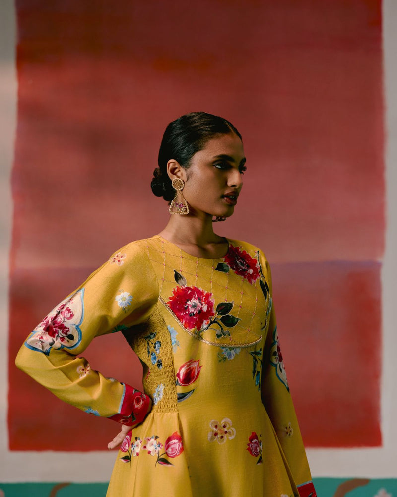 Mustard & Pink Floral Anarkali Set Buy Mustard & Pink Floral Anarkali Set from C&W | Kurta/Kurta Sets for Women by Label Mogra in pink color for women in Singapore