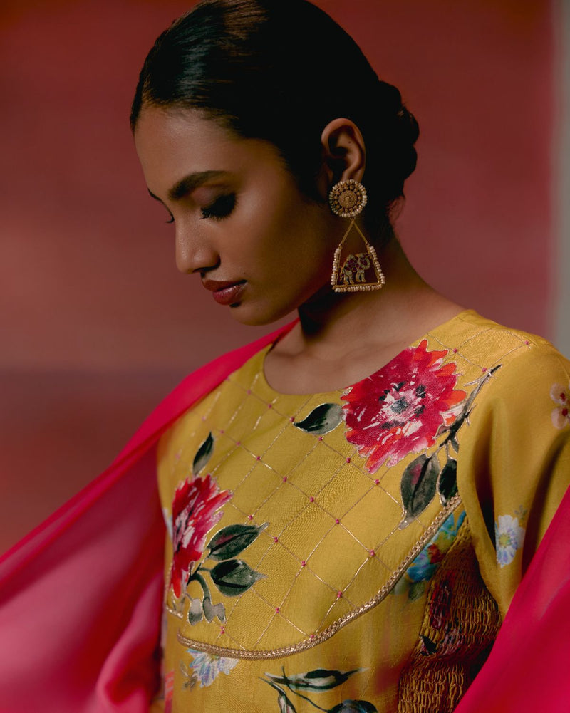 Mustard & Pink Floral Anarkali Set Buy Mustard & Pink Floral Anarkali Set from C&W | Kurta/Kurta Sets for Women by Label Mogra in pink color for women in Singapore