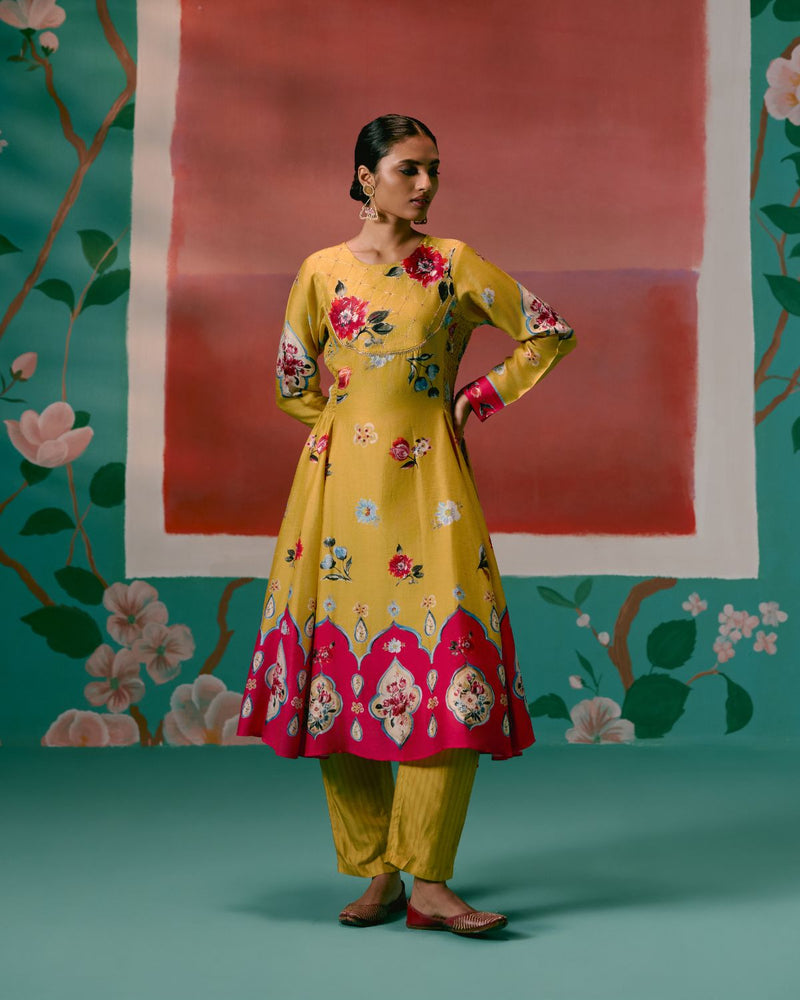Mustard & Pink Floral Anarkali Set Buy Mustard & Pink Floral Anarkali Set from C&W | Kurta/Kurta Sets for Women by Label Mogra in pink color for women in Singapore