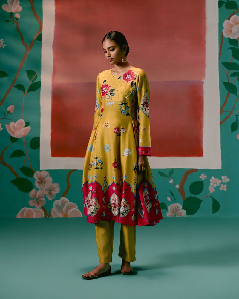 Mustard & Pink Floral Anarkali Set Buy Mustard & Pink Floral Anarkali Set from C&W | Kurta/Kurta Sets for Women by Label Mogra in pink color for women in Singapore