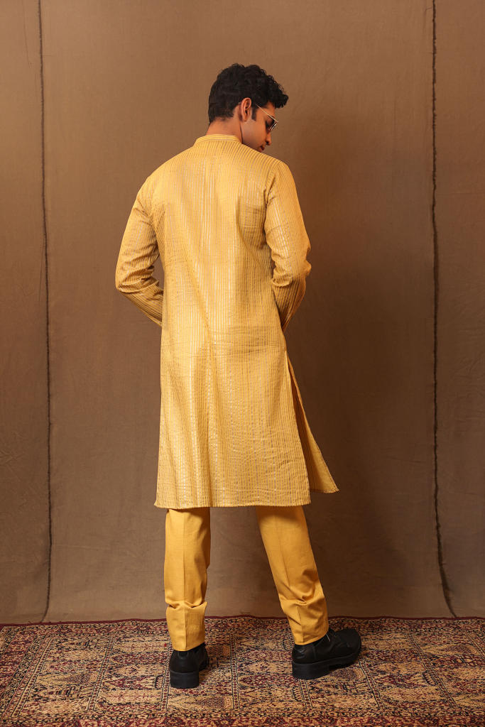Mustard STR Buttoned Kurta cotton by Mati Men in mustard color for men in Singapore