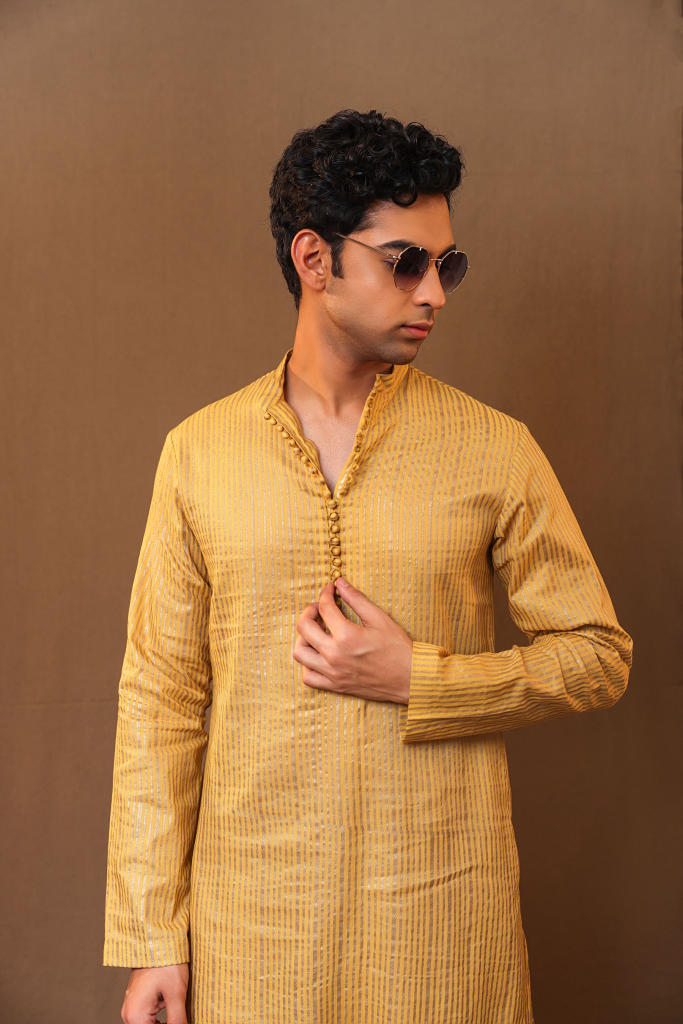 Mustard STR Buttoned Kurta cotton by Mati Men in mustard color for men in Singapore