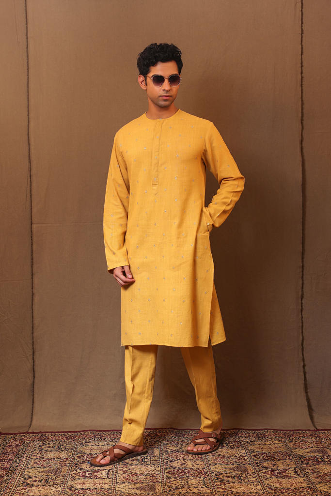 Mustard STR Buttoned Kurta Set (2 PCS) cotton by Mati Men in mustard color for men in Singapore