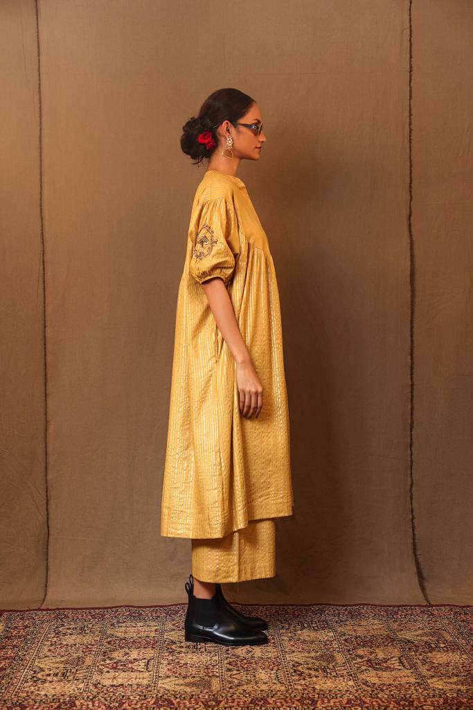 Mustard STR EMB Spade Acra Tunic Set (2 PCS) 100% cotton by Mati in mustard color for women in Singapore