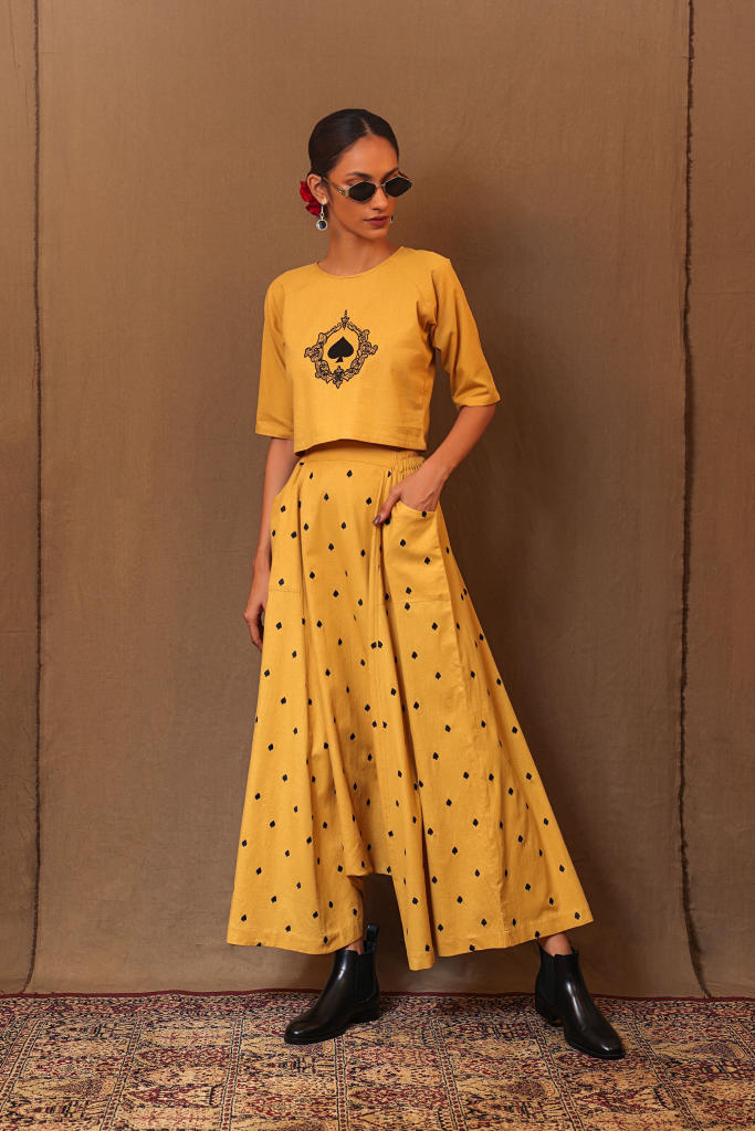 Mustard Spade EMB Harem Pants 100% cotton by Mati in mustard color for women in Singapore