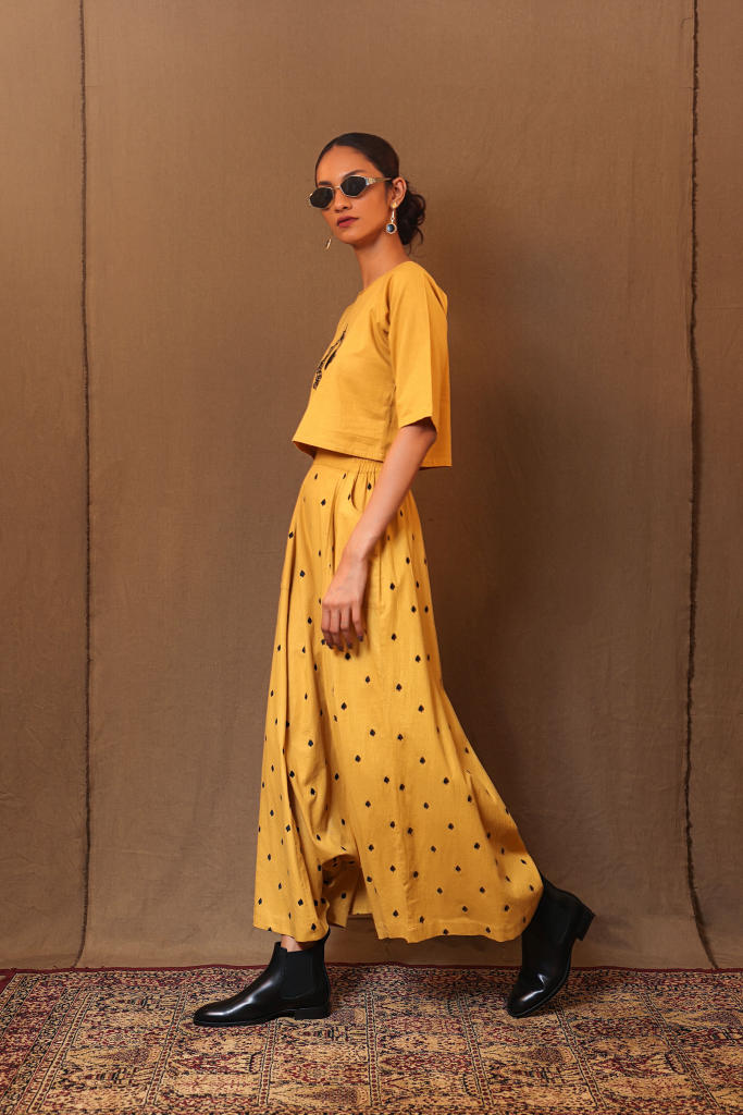 Mustard Spade EMB Harem Pants 100% cotton by Mati in mustard color for women in Singapore