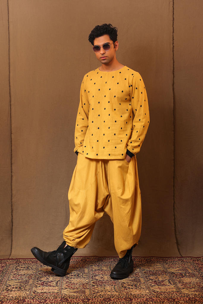 Mustard Spade EMB Kurta Baggy Set (2 PCS) cotton by Mati Men in mustard color for men in Singapore