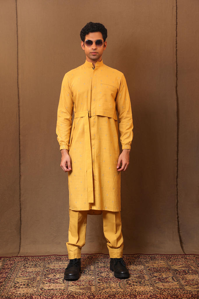 Mustard Zari Club EMB Belted Kurta Set (2 PCS) cotton by Mati Men in mustard color for men in Singapore