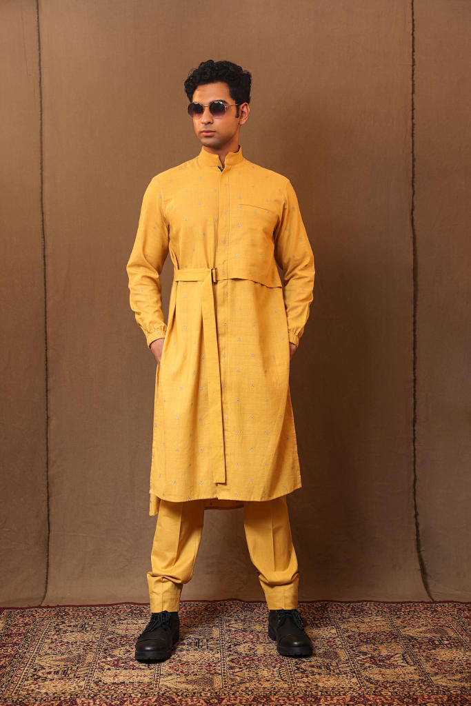 Mustard Zari Club EMB Belted Kurta Set (2 PCS) cotton by Mati Men in mustard color for men in Singapore