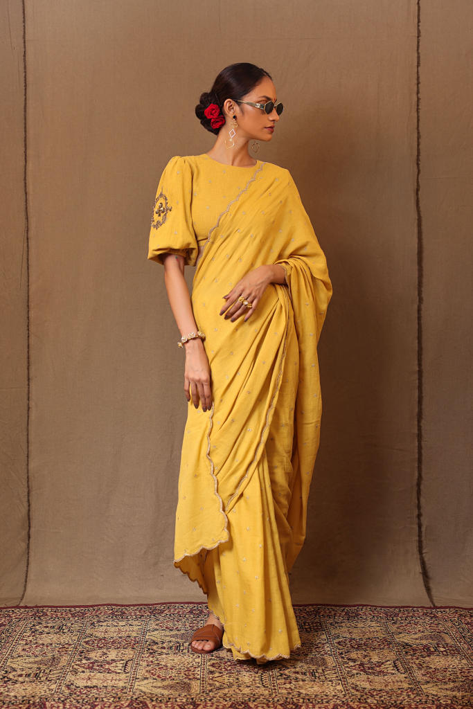 Mustard Zari Club EMB Saree Blouse Set (2 PCS) 100% cotton by Mati in mustard color for women in Singapore
