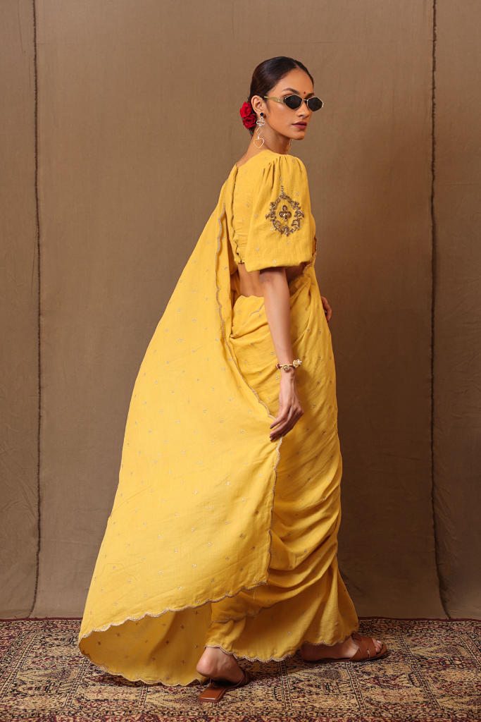 Mustard Zari Club EMB Saree Blouse Set (2 PCS) 100% cotton by Mati in mustard color for women in Singapore