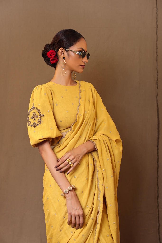 Mustard Zari Club EMB Saree Blouse Set (2 PCS) 100% cotton by Mati in mustard color for women in Singapore