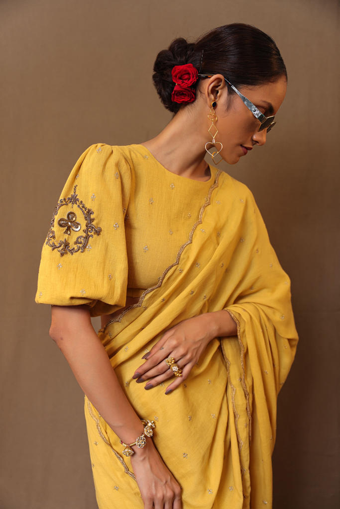 Mustard Zari Club EMB Saree Blouse Set (2 PCS) 100% cotton by Mati in mustard color for women in Singapore