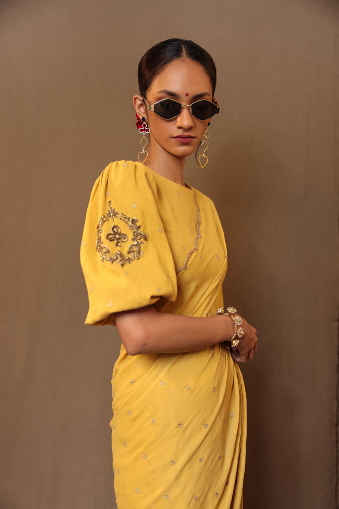 Mustard Zari Club EMB Saree Blouse Set (2 PCS) 100% cotton by Mati in mustard color for women in Singapore