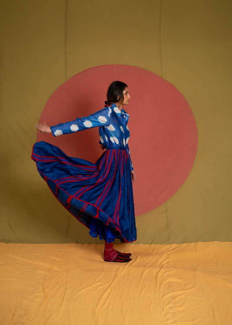 My Simp Skirt-Ink Blue and Red chanderi skirt by Ka-Sha in red for women in Singapore