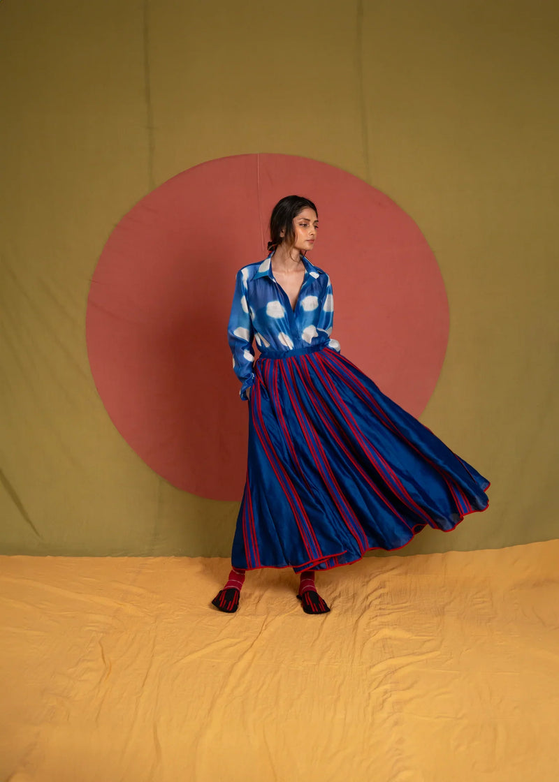 My Simp Skirt-Ink Blue and Red chanderi skirt by Ka-Sha in red for women in Singapore