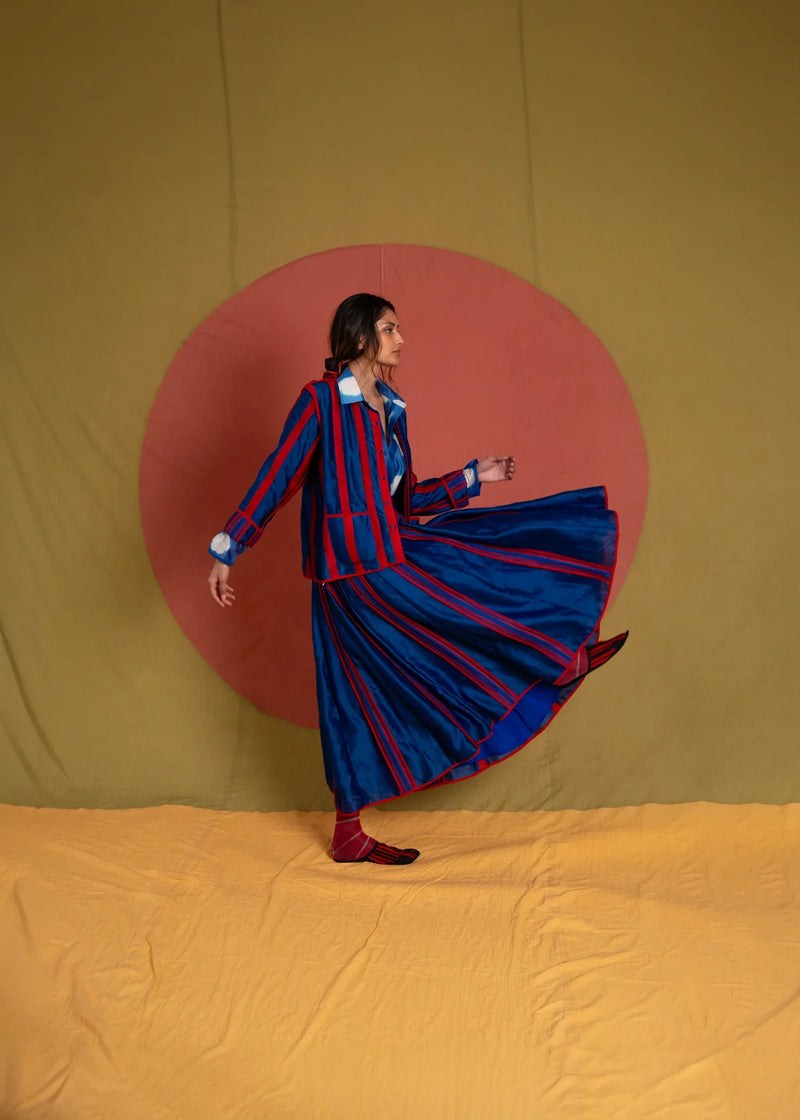 My Simp Skirt-Ink Blue and Red chanderi skirt by Ka-Sha in red for women in Singapore