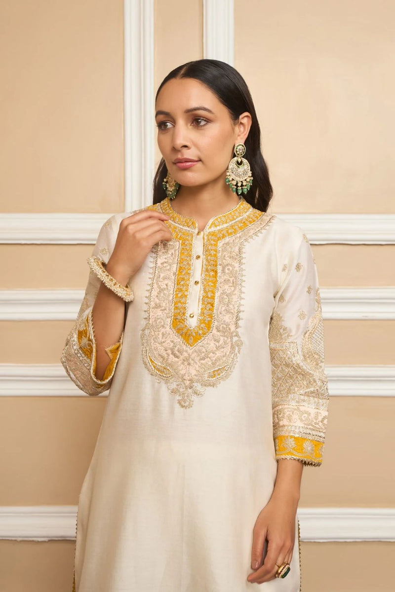 Myreen Straight kurta with dhoti-Daisy Ivory silk by SHEETAL BATRA in ivory color for women in Singapore