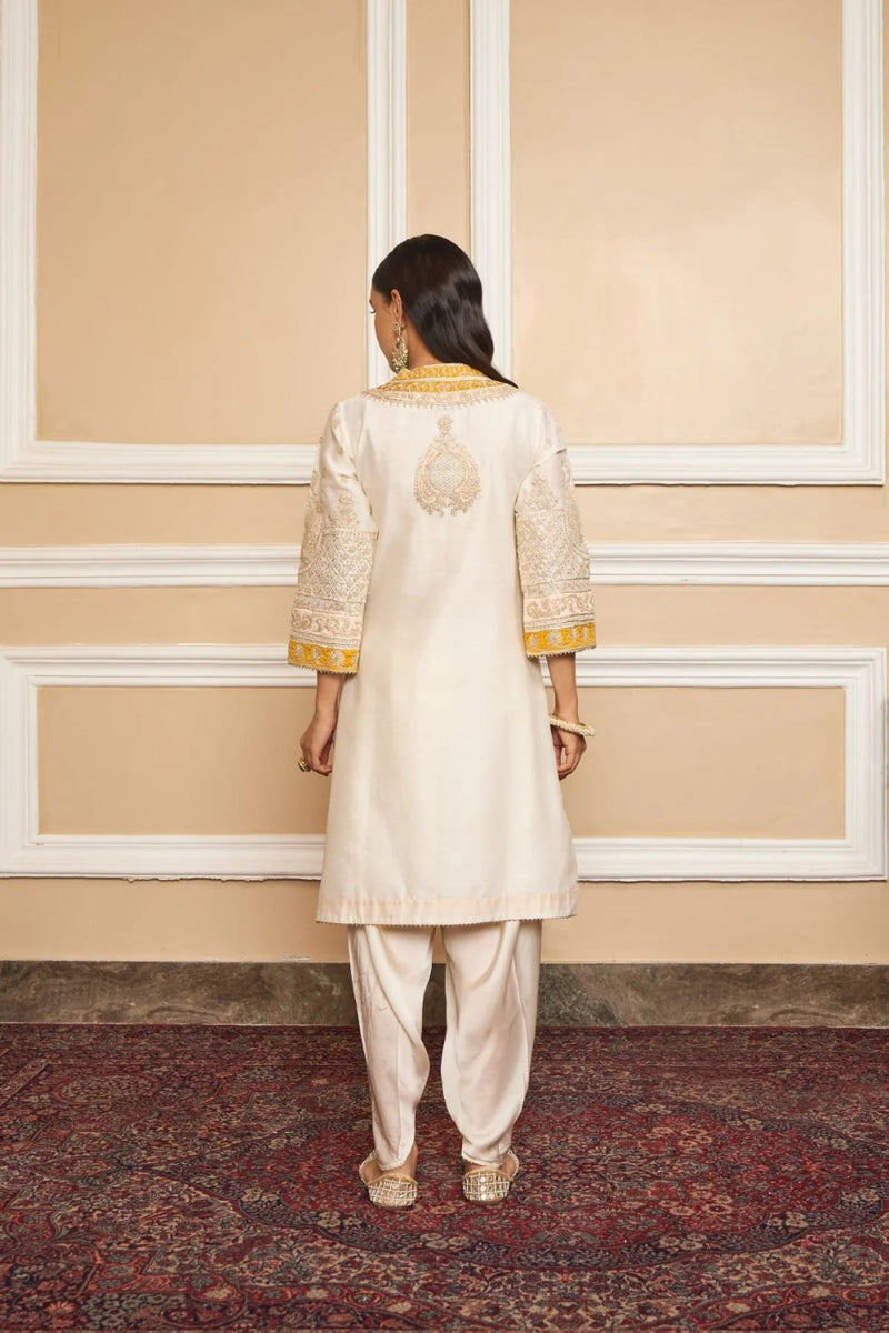 Myreen Straight kurta with dhoti-Daisy Ivory silk by SHEETAL BATRA in ivory color for women in Singapore