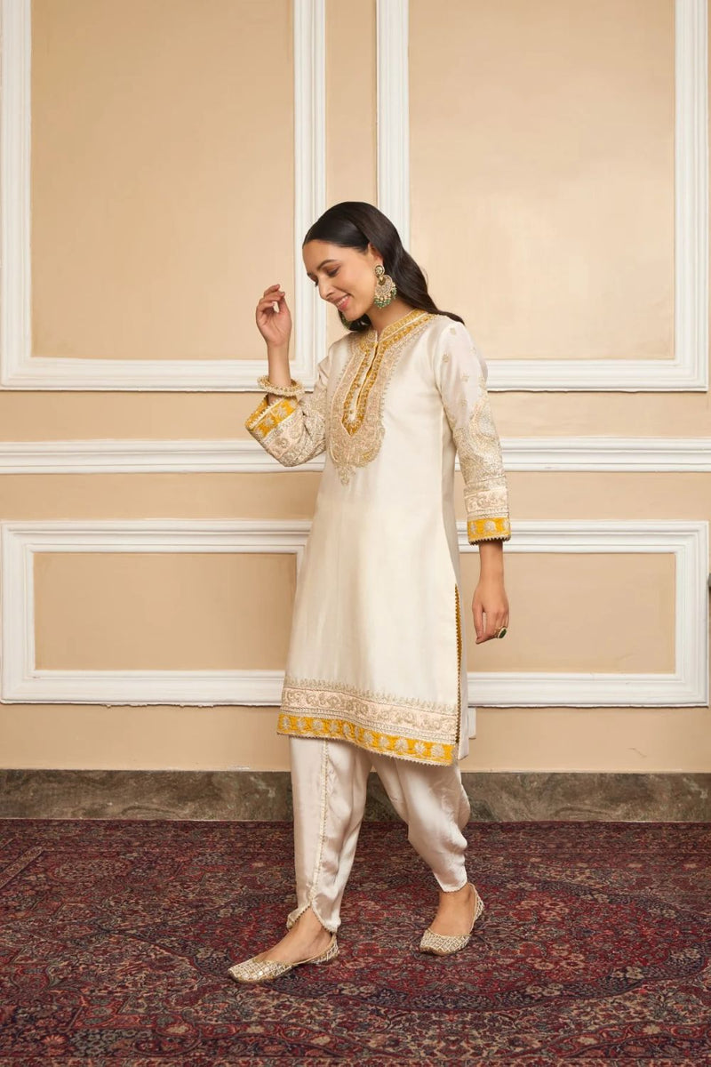 Myreen Straight kurta with dhoti-Daisy Ivory silk by SHEETAL BATRA in ivory color for women in Singapore