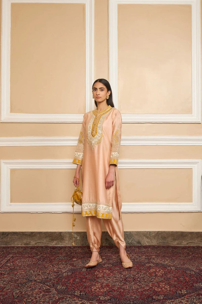 Myreen Straight kurta with dhoti-Rosepink silk by SHEETAL BATRA in pink color for women in Singapore