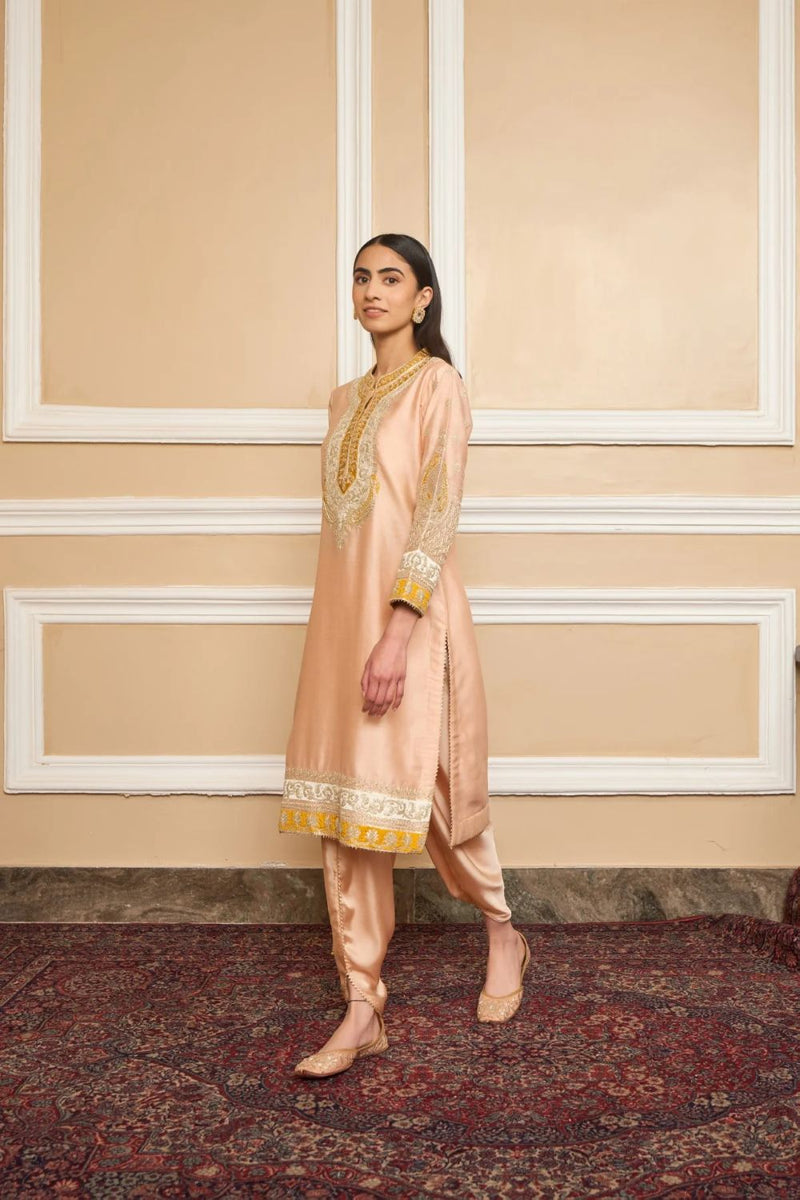 Myreen Straight kurta with dhoti-Rosepink silk by SHEETAL BATRA in pink color for women in Singapore