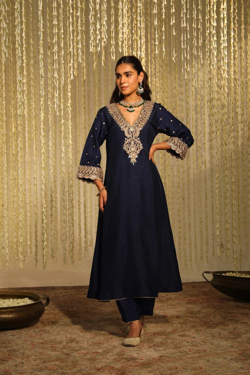 Mysha Long chauga with Salwar-Deep Blue silk by SHEETAL BATRA in blue color for women in Singapore