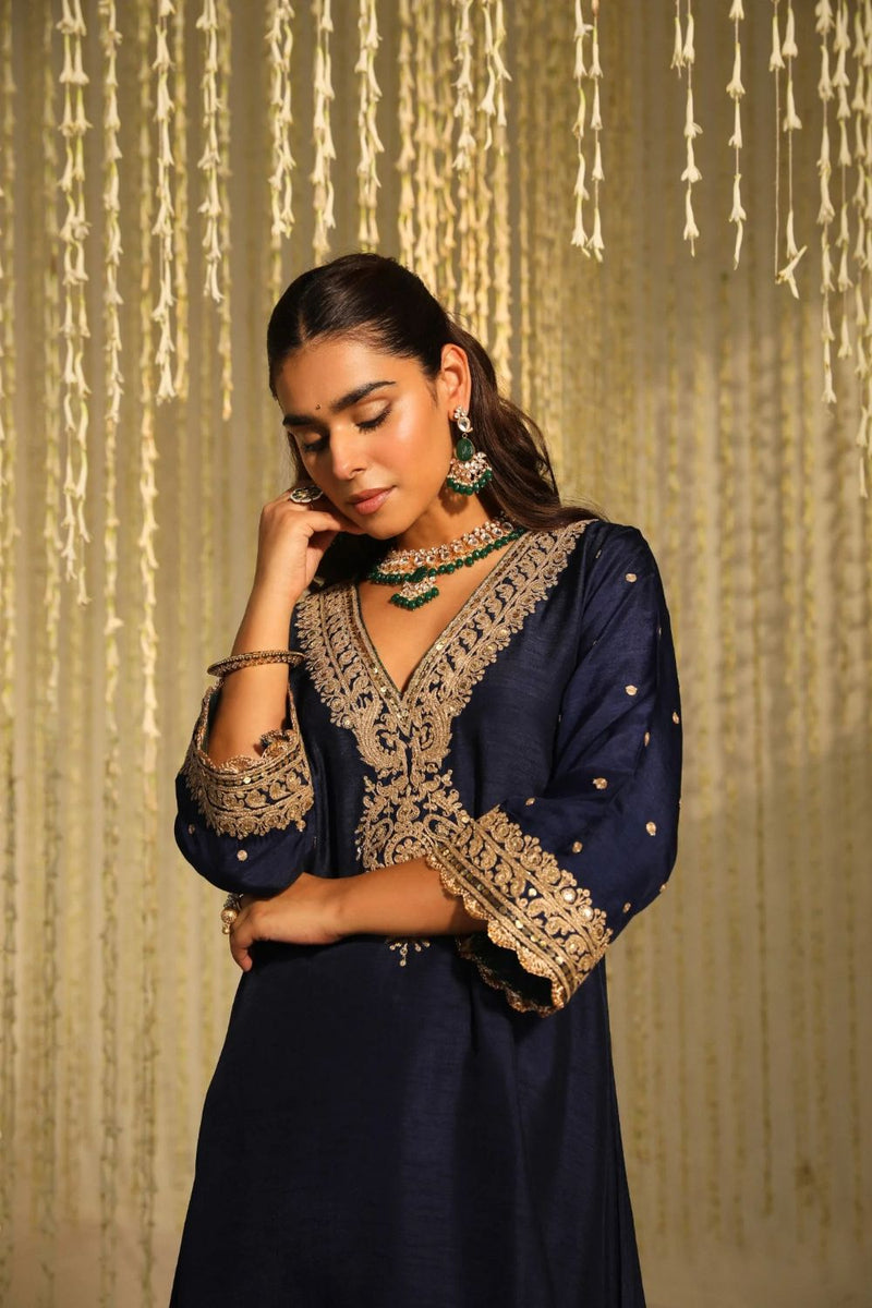 Mysha Long chauga with Salwar-Deep Blue silk by SHEETAL BATRA in blue color for women in Singapore