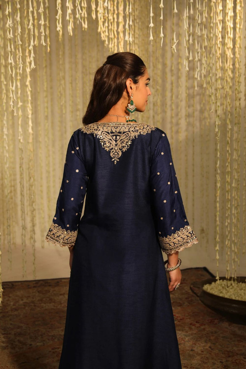 Mysha Long chauga with Salwar-Deep Blue silk by SHEETAL BATRA in blue color for women in Singapore