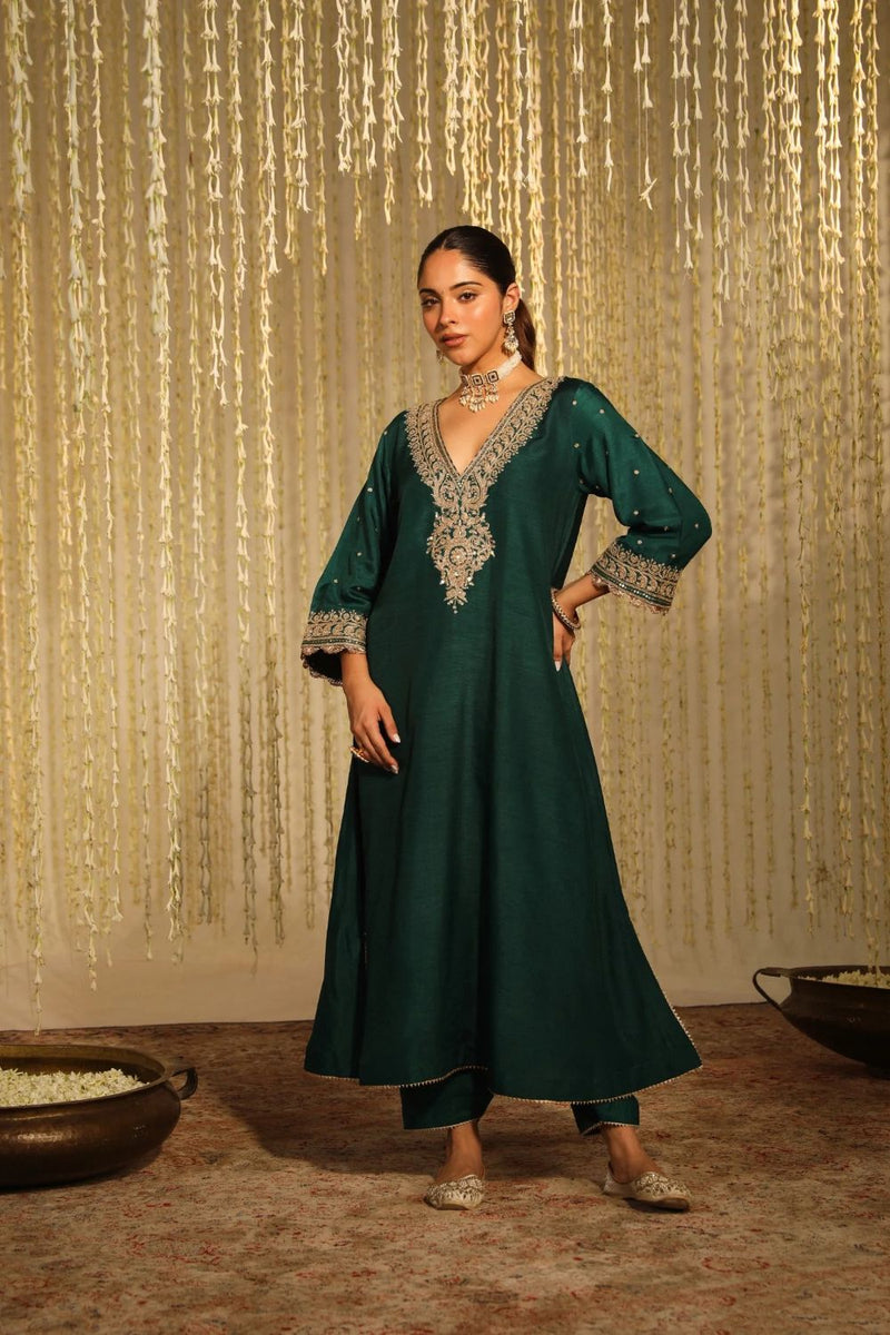 Mysha Long chauga with Salwar-Emerald Green silk by SHEETAL BATRA for women in Singapore
