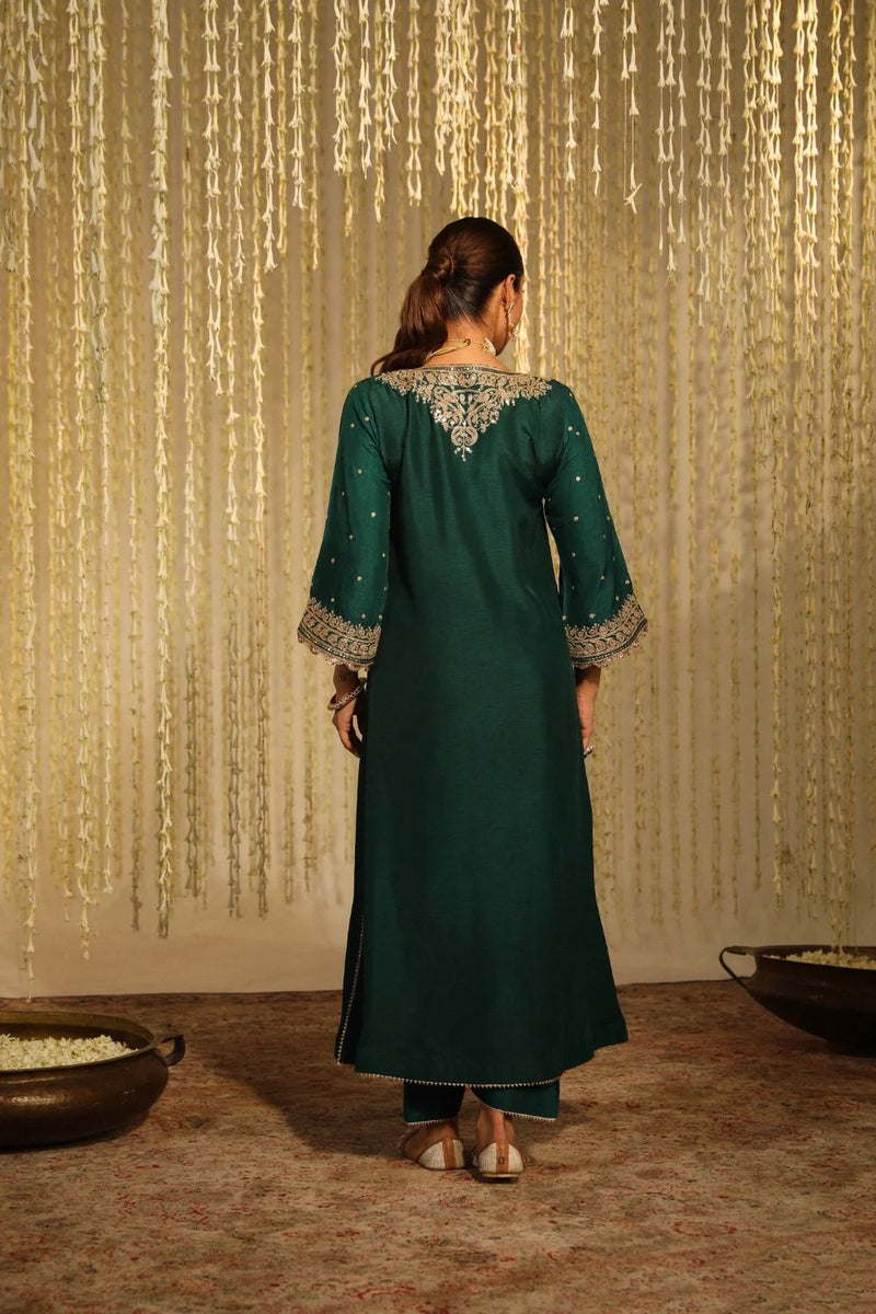 Mysha Long chauga with Salwar-Emerald Green silk by SHEETAL BATRA for women in Singapore
