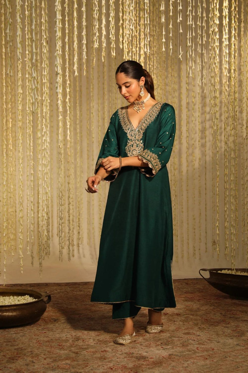 Mysha Long chauga with Salwar-Emerald Green silk by SHEETAL BATRA for women in Singapore