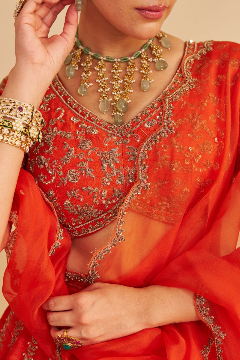 Naazila - Dabka Zardozi Embroidered Raw Silk Burnt Orange Lehenga Set silk by SHEETAL BATRA in orange color for women in Singapore