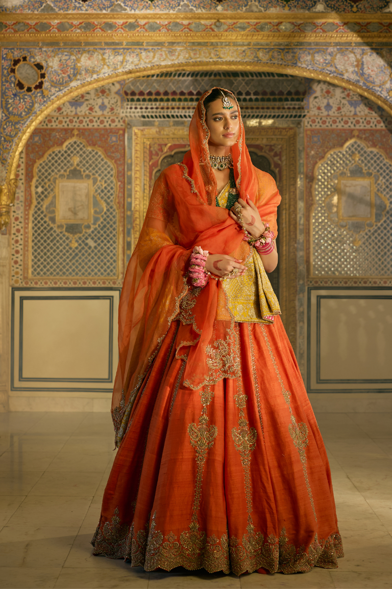 Naazila - Dabka Zardozi Embroidered Raw Silk Burnt Orange Lehenga Set silk by SHEETAL BATRA in orange color for women in Singapore