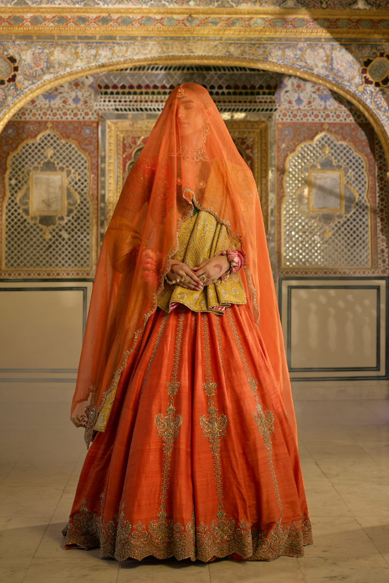 Naazila - Dabka Zardozi Embroidered Raw Silk Burnt Orange Lehenga Set silk by SHEETAL BATRA in orange color for women in Singapore