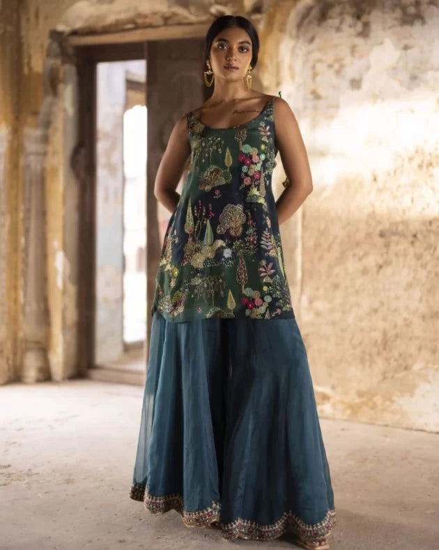 Nadira Teal Sharara Set by Rajiramniq in teal color for women in Singapore